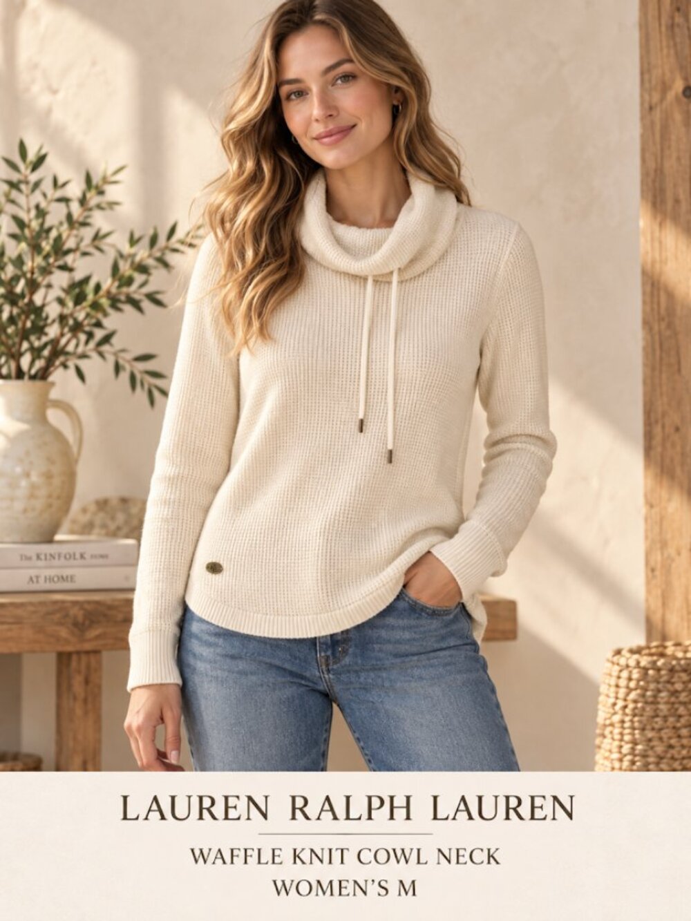Ralph Lauren 100% Cotton Cream Waffle Knit Cowl Neck Sweater - Women's M